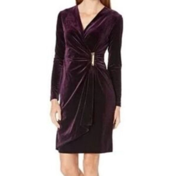 Calvin Klein Velvet Faux Wrap Sheath Dress Plum - Picture 1 of 12